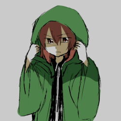 Rule 34 | 1other, androgynous, black shirt, green jacket, hood, hood up, hooded jacket, jacket, kanmukuya, len&#039;en, other focus, red eyes, red hair, shirt, shitodo hooaka, short hair