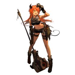 1girl :d arknights asymmetrical_gloves aviator_goggles belt belt_pouch bent_over binoculars black_boots black_gloves black_shorts boots braid croissant_(arknights) croissant_(seeker)_(arknights) fingerless_gloves full_body gloves goggles goggles_around_neck green_eyes hammer holding holding_binoculars holding_hammer holding_weapon horns huanxiang_heitu leaning_forward long_hair midriff navel official_alternate_costume official_alternate_hairstyle official_art open_mouth orange_hair pouch shorts simple_background smile solo standing tachi-e thigh_strap third-party_source transparent_background twin_braids uneven_gloves v-shaped_eyebrows weapon