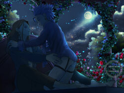 2boys abs_peek alternate_hair_length alternate_hairstyle ass barefoot blue_eyes blue_flower blue_hair blue_rose blue_shirt bottomless camus_(dq11) cloud commentary_request couple dragon_quest dragon_quest_xi earrings eye_contact flower full_moon garden garter_straps gold_earrings grey_pants hands_on_another&#039;s_arms headboard hero_(dq11) hoop_earrings jewelry koshi_(meermisa) long_hair looking_at_another looking_down looking_up male_focus moon multiple_boys muscular muscular_male necklace night night_sky open_clothes open_shirt outdoors pants parted_hair partially_undressed pink_flower profile purple_flower purple_shirt red_flower red_rose rose shirt short_hair single_bang sky spiked_hair yaoi