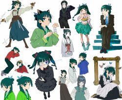1girl ai-assisted alternate_costume animal_ear_fluff animal_ears antique_firearm apron aqua_skirt bag bandaged_arm bandages bare_shoulders black_bow black_dress black_hat black_pants black_sash black_shirt black_shoes blue_hoodie blue_jacket blue_necktie blue_ribbon blue_skirt boots bow brown_bag brown_boots brown_corset brown_jacket brown_pants brown_skirt bug butterfly cat_ears cat_girl chuunibyou closed_mouth corset detached_sleeves dress earrings extra_ears eyepatch firearm flower goggles goggles_on_head green_eyes green_hair green_kimono green_pants grey_shoes gun hair_bow hair_bun hair_flower hair_ornament hair_ribbon hairband hand_on_own_chin hand_on_own_face hand_on_own_hip hat highres holding holding_bag holding_gun holding_own_arm holding_weapon hood hoodie insect jacket japanese_clothes jewelry kimono kusuriya_no_hitorigoto long_skirt maid maid_apron maid_headdress maomao_(kusuriya_no_hitorigoto) medical_eyepatch navel necktie obi okashi_please own_hands_together pants paw_pose red_eyes red_flower red_shirt ribbon sash shirt shoes sitting sitting_on_stairs skirt sleeveless sleeveless_shirt solo stairs stomach twintails weapon white_apron white_hairband white_kimono white_shirt yellow_shirt