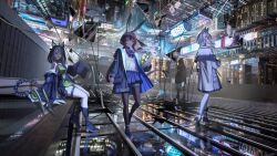 1boy 3girls amiya_(arknights) animal_ears arknights back bare_shoulders black_coat black_hair blue_skirt brown_hair city closed_mouth coat commentary doctor_(arknights) dress english_commentary full_body green_dress grey_hair kal&#039;tsit_(arknights) long_hair medium_hair mon3tr_(arknights) multiple_girls open_mouth outdoors pantyhose rabbit_ears shale shirt sitting skirt smile white_shirt