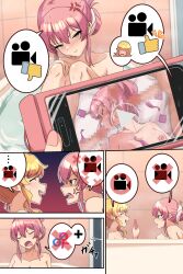 Rule 34 | 2girls, anger vein, bathroom, bathtub, blue hair, breasts, cellphone, censored, condom, condom wrapper, cum, fellatio, highres, idolmaster, idolmaster cinderella girls, jougasaki mika, large breasts, mosaic censoring, multiple girls, nipples, nude, ohtsuki yui, oral, penis, phone, pink hair, play button, recording, spoken symbol, used condom, video (object)
