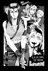 1boy 3girls arm_tattoo belt_pouch braid braided_ponytail breasts bun_with_braided_base cleavage commentary double_bun dreadlocks emporio_alnino ermes_costello fingerless_gloves foo_fighters_(jojo) gloves greyscale gun gun_on_back hair_bun handgun holding holding_gun holding_knife holding_weapon jeonjin_(mynamebazin) jewelry jojo_no_kimyou_na_bouken knife korean_text kuujou_jolyne medium_breasts midriff missing_tooth monochrome multicolored_hair multiple_girls navel necklace open_mouth open_skull pouch reverse_grip scared see-through_cleavage see-through_clothes serious short_hair sleeveless sleeveless_turtleneck smile stone_ocean symbol-only_commentary tank_top tattoo translation_request turtleneck two-tone_hair weapon weapon_on_back