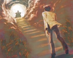 1boy 1girl absurdres beatrice_(umineko) commentary english_commentary highres jacket meipuru9625 outstretched_arms pants short_hair silhouette stairs standing umineko_no_naku_koro_ni ushiromiya_battler walking white_jacket