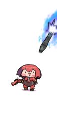 1girl :3 :d black_footwear black_gloves blush_stickers bodysuit chibi commission flare_gun full_body genderswap genderswap_(otf) gloves gun highres holding holding_gun holding_weapon looking_at_viewer open_mouth pyro_(tf2) red_bodysuit red_hair red_pyro_(tf2) shadow short_hair simple_background smile solo team_fortress_2 weapon wersman white_background zipper |_|