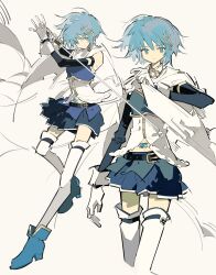 1girl absurdres armlet bare_shoulders belt belt_buckle black_belt blue_belt blue_eyes blue_footwear blue_gemstone blue_hair blue_shirt blue_skirt blue_sleeves boots bright_pupils buckle buttons cape cape_hold chinese_commentary closed_mouth clothing_cutout collared_cape commentary_request cropped_legs detached_sleeves dot_nose fighting_stance floating_cape floating_clothes floating_hair fortissimo frilled_shirt frills frown full_body gem gloves hair_ornament hairclip high_heel_boots high_heels highres holding holding_sword holding_weapon jewelry long_sleeves looking_at_viewer magical_girl mahou_shoujo_madoka_magica mahou_shoujo_madoka_magica_(anime) miki_sayaka miki_sayaka_(magical_girl) miniskirt multiple_belts multiple_views musical_note musical_note_hair_ornament pleated_skirt rin_lingsong shirt short_hair simple_background skirt stomach_cutout stomach_jewel strapless strapless_shirt studded_belt sword thigh_belt thigh_strap thighhighs two-tone_shirt weapon white_background white_cape white_gloves white_pupils white_shirt white_thighhighs