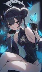 Rule 34 | 1girl, absurdres, bare shoulders, black background, black coat, black dress, black gloves, black hair, blue archive, blue butterfly, braid, braided bun, breasts, bug, butterfly, butterfly on hand, center-flap bangs, china dress, chinese clothes, chinese commentary, coat, commentary request, crossed legs, double bun, dragon print, dress, gloves, glowing butterfly, grey eyes, grey halo, hair bun, halo, hand on own cheek, hand on own face, hands up, highres, index finger raised, insect, kisaki (blue archive), light particles, light smile, looking at viewer, off shoulder, pelvic curtain, print dress, shali, side slit, sidelocks, sitting, small breasts, solo, thighs