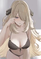 1girl black_bra black_panties blonde_hair bra cynthia_(pokemon) front-tie_bra grey_background hair_over_one_eye highres long_hair nintendo panties pokemon pokemon_dppt ringosan2329 simple_background solo underwear very_long_hair