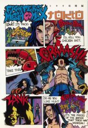 armor audience black_hair cage clenched_teeth comic english_text fighters_megamix fighting fighting_vipers hidden_eyes jacket japanese_text long_hair official_art one_eye_closed open_clothes open_jacket open_mouth punching sega sleeveless sleeveless_jacket sound_effects speech_bubble spiked_armor teeth tokio_(fighting_vipers) torn_clothes torn_sleeves