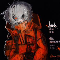 052_(saniiiwan) 1girl black_background closed_mouth jacket looking_at_viewer original red_eyes red_jacket short_hair simple_background solo upper_body white_hair