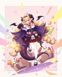 1girl :d absurdres ahoge armpits black_shoes black_sleeves blonde_hair bottle box brown_bag commentary commission cube detached_sleeves dragon_horns dragon_tail dragon_wings dress english_commentary full_body gogatsu_no_renkyuu hair_between_eyes hair_intakes hair_ornament heart heterochromia highres horns long_sleeves multi-tied_hair multicolored_hair open_mouth pink_eyes pink_hair purple_eyes second-party_source shoes sleeveless sleeveless_dress smile solo streaked_hair suri_solari tail teeth thighhighs tongue upper_teeth_only v&amp;u_entertainment virtual_youtuber white_thighhighs wings x_hair_ornament
