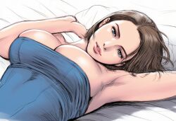 Rule 34 | 1girl, armpits, bed sheet, blue eyes, blue shirt, breasts, brown hair, cleavage, jaydamon, jill valentine, large breasts, parted lips, pillow, pink lips, reclining, resident evil, resident evil 3: nemesis, shirt, short hair, sideboob, skindentation, solo, strapless, swept bangs, tube top, upper body