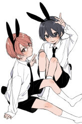 2boys aged_down animal_ears black_eyes black_hair black_necktie black_shorts blush brown_eyes brown_hair child fake_animal_ears full_body hair_between_eyes long_sleeves looking_at_viewer male_focus multiple_boys nakayama_miyuki necktie open_mouth original rabbit_ears rabbit_tail shirt short_hair shorts simple_background sitting smile socks tail v white_background white_shirt yaoi