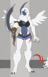 1girl absol artist_request arty_edit bikini breasts female_focus furry furry_female gen_3_pokemon gloves highres horn large_breasts mega_absol mega_evolution mega_pokemon nintendo pokemon pokemon_(creature) red_eyes shorts single_glove solo source source_request swimsuit weapon white_fur wings
