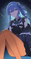 Rule 34 | 1girl, absurdres, asymmetrical sidelocks, belt, black belt, black choker, black dress, blue eyes, blue hair, blue jacket, bow, bow earrings, choker, closed mouth, collared dress, colored inner hair, commentary, double-parted bangs, dress, earrings, green ribbon, hair between eyes, hair ribbon, highres, hololive, hoshimachi suisei, hoshimachi suisei (casual), jacket, jewelry, knees together feet apart, knees up, lace, lace choker, lace sleeves, long hair, long sleeves, looking at viewer, multicolored hair, neck ribbon, o-e331, off shoulder, official alternate costume, one side up, orange pantyhose, pantyhose, partially unzipped, quilted jacket, ribbon, short dress, short sleeves, sidelocks, sitting, smile, solo, star (symbol), star in eye, symbol in eye, two-sided fabric, two-sided jacket, virtual youtuber