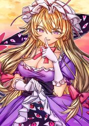 1girl absurdres breasts choker cleavage clothes_lift dashazi26944690 dress dress_lift finger_to_mouth gap_(touhou) gloves hair_between_eyes hair_ribbon hat highres large_breasts lifting_own_clothes long_hair looking_at_viewer mob_cap purple_dress purple_eyes ribbon ribbon_choker short_sleeves smile solo touhou very_long_hair white_gloves yakumo_yukari