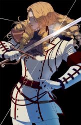 1boy androgynous animamundi_owarinaki_yami_no_butou ascot belt black_background blonde_hair coat collared_coat gamugamupon glint gloves highres holding holding_sword holding_weapon long_hair male_focus mikhail_ramphet parted_lips purple_ascot red_belt ringlets sword weapon white_coat white_gloves