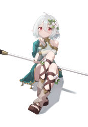 1girl bridal_gauntlets double-parted_bangs flower hair_between_eyes hair_flower hair_ornament highres kokkoro_(princess_connect!) looking_at_viewer medium_hair pointy_ears princess_connect! red_eyes simple_background single_bare_shoulder sitting solo sukaliya white_background white_hair