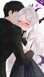 1boy 1girl adversarial_noise ahoge alternate_costume black_dress black_hair black_halo blue_archive blush closed_eyes closed_mouth commentary_request couple cowboy_shot demon_girl demon_horns demon_wings dress embarrassed forehead full-face_blush grey_hair hair_intakes hair_ornament hairclip halo hetero highres hina_(blue_archive) horns hug kiss long_hair low_wings masshirokachi nose_blush parted_bangs sensei_(blue_archive) short_hair short_sleeves signature simple_background sweat translated trembling twitter_username very_long_hair watermark wavy_mouth white_background wings