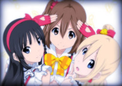 3girls akiyama_mio black_hair blonde_hair blue_eyes bokura_wa_ima_no_naka_de brown_eyes brown_hair cosplay hirasawa_yui k-on! kotobuki_tsumugi long_hair love_live! love_live!_school_idol_project multiple_girls oku_no_shi short_hair