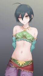 Rule 34 | 1boy, 7cs (congchuabuoito), ahoge, arms behind back, belt, black hair, blush, brown eyes, closed mouth, collarbone, cosplay, crop top, danganronpa (series), danganronpa v3: killing harmony, detached sleeves, gerudo set (zelda), gradient background, grey background, groin, hair between eyes, highres, jewelry, link, link (cosplay), male focus, navel, necklace, pants, purple pants, saihara shuichi, short hair, solo, stomach, trap