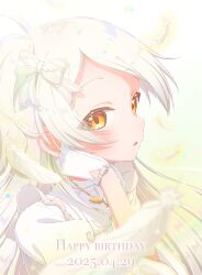 1girl :o absurdres alternate_hair_color blush bow commentary_request dated falling_feathers feathers gloves hair_bow happy_birthday highres idolmaster idolmaster_million_live! jewelry long_hair looking_at_viewer necklace ogami_tamaki orange_eyes shirt solo suruga_tou upper_body very_long_hair white_gloves white_shirt