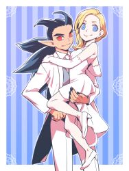 1boy 1girl asuka_(pixiv3381855) black_hair black_nails blonde_hair blue_background blue_eyes border breasts carrying carrying_person commentary_request dark-skinned_male dark_skin dragon_quest dragon_quest_builders_2 dress earrings female_builder_(dqb2) fingernails formal_clothes gloves grey_vest hair_horns hand_on_another&#039;s_shoulder high_heels jewelry long_hair looking_at_viewer looking_to_the_side low_ponytail necklace necktie official_alternate_costume official_alternate_hairstyle pants pointy_ears ponytail red_eyes sharp_fingernails shoes sidoh_(dqb2) small_breasts smile spiked_hair strapless strapless_dress striped_background stud_earrings suit vest white_border white_dress white_gloves white_necktie white_pants white_shoes white_suit white_theme