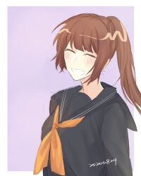 Rule 34 | 1girl, ^ ^, black serafuku, black shirt, border, brown hair, chinese commentary, closed eyes, commentary request, facial mark, grin, highres, kumazaki karen, long hair, neckerchief, orange neckerchief, outside border, ponytail, purple background, reimei (yukiko 010724), saibou shinkyoku, sailor collar, sailor shirt, school uniform, serafuku, shirt, simple background, sketch, smile, solo, upper body, white border