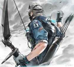1boy arknights arrow_(projectile) back black_mask blue_shirt bow_(weapon) bulletproof_vest cloud cloudy_sky gloves grey_hair hatsumi0515 highres holding holding_bow_(weapon) holding_weapon infection_monitor_(arknights) male_focus rhodes_island_logo_(arknights) shirt short_hair sky solo stormeye_(arknights) upper_body weapon white_gloves
