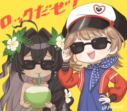 2girls adjusting_eyewear bare_arms black_hair blue_dress blue_neckerchief brown_hair coconut_cup dark-skinned_female dark_skin deformed dress drink drinking_straw drinking_straw_in_mouth facing_viewer fatutu flower hair_flower hair_ornament hand_on_eyewear hand_on_own_hip hand_up hat hibiscus highres holding holding_drink jacket leaf_hair_ornament long_hair multiple_girls neckerchief newsboy_cap panri polka_dot_neckerchief red_jacket regulus_(reverse:1999) reverse:1999 short_hair sunglasses twitter_username upper_body white_flower yellow_background