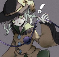 ! 1girl black_hat buttons diamond_button eyeball frilled_shirt_collar frilled_sleeves frills green_eyes green_hair green_skirt hat hat_ribbon highres komeiji_koishi neon_(co2co8) pale_skin ribbon shirt skirt third_eye touhou wide_sleeves yellow_ribbon yellow_shirt