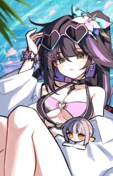 Rule 34 | absurdres, bare shoulders, bikini, black hair, black survival, character request, eternal return: black survival, eyewear on head, green eyes, grey hair, hair between eyes, highres, long hair, multicolored hair, nhom (woogi), pink bikini, purple hair, sunglasses, swimsuit, thighs, two-tone hair, yellow eyes