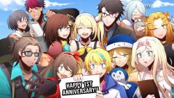 ! !! 4boys 6+girls amicia_michella anniversary azura_cecillia bonnivier_pranaja cloud dreamerrii english_text etna_crimson glasses hana_macchia highres holding holding_sign layla_alstroemeria miyu_ottavia multiple_boys multiple_girls nara_haramaung nijisanji nijisanji_id outstretched_arm rai_galilei riksa_dhirendra sign siska_leontyne sky smile surprised taka_radjiman virtual_youtuber zea_cornelia
