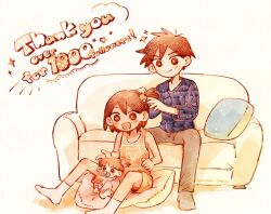 Rule 34 | 1girl, 2boys, :d, adjusting another&#039;s hair, alternate hairstyle, ankle socks, antenna hair, bare arms, bare shoulders, blue shirt, brother and sister, brothers, brown eyes, brown hair, brown pants, closed mouth, commentary request, couch, dot nose, double-parted bangs, english text, food-themed hair ornament, full body, grey socks, hair behind ear, hair between eyes, hair ornament, halftone, hatching (texture), hero (faraway) (omori), hero (omori), kel (faraway) (omori), kel (omori), long sleeves, looking at another, milestone celebration, multiple boys, no shoes, o tori mhyk, omori, on couch, on pillow, one side up, open mouth, orange hair ornament, orange shorts, orange tank top, pacifier, pants, raised eyebrows, sally (omori), shirt, short hair, shorts, siblings, simple background, sitting, smile, socks, sparkle, star (symbol), tank top, v-shaped eyebrows, white background, white socks