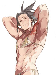 1boy abs arms_behind_head beard_stubble bikini black_hair blue_skin chest_tattoo closed_eyes colored_skin cowboy_shot crossdressing crossdressing_(mtf) earrings facial_hair gold_bikini highres holostars holostars_english jewelry josuiji_shinri male_focus multicolored_skin muscular muscular_male pako_(pakosun) ponytail side-tie_bikini_bottom smile stubble swimsuit tattoo virtual_youtuber