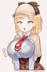 Rule 34 | 1girl, black bra, blonde hair, blue eyes, blush, bob cut, bra, bra visible through clothes, breasts, brown capelet, brown skirt, capelet, collared shirt, detective, elov kam, hair ornament, hat, highres, hololive, hololive english, large breasts, long sleeves, looking at viewer, medium hair, mustache print, necktie, open mouth, plaid clothes, plaid skirt, pleated skirt, pocket watch, red necktie, see-through clothes, see-through shirt, shirt, short hair, skirt, solo, underwear, virtual youtuber, watch, watson amelia, watson amelia (1st costume), white shirt