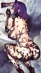 1girl absurdres ass back backboob blue_eyes breasts closed_mouth commentary covered_erect_nipples erasorpepero from_behind hair_intakes highres hololive hololive_english large_breasts looking_back median_furrow medium_hair nude ouro_kronii purple_hair smile solo sweat symbiote thighs virtual_youtuber