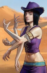 1girl adelheid_(moschiola) bare_shoulders black_hair blunt_bangs brown_eyes closed_mouth commentary cowboy_hat day desert english_commentary extra_arms hana_hana_no_mi hat highres medium_hair midriff navel nico_robin nico_robin_(alabasta) official_alternate_costume one_piece one_piece_(live_action) outdoors purple_hat sand solo