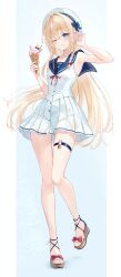 Rule 34 | 1girl, absurdres, blonde hair, blue eyes, blue sailor collar, blush, bow, braid, closed mouth, dress, food, hair bow, hair ornament, hat, highres, holding, ice cream, ice cream cone, jewelry, long hair, looking at viewer, mia (omo omochi zzz), omo omochi zzz, one eye closed, original, pleated skirt, red bow, ribbon, sail, sailor collar, sailor dress, sailor hat, sailor shirt, sandals, shirt, skirt, sleeveless, thighlet, white skirt