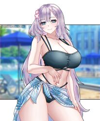 Rule 34 | 1girl, bikini, blue eyes, breasts, flower, hair flower, hair ornament, hololive, hololive indonesia, large breasts, pavolia reine, sarong, summer, swimsuit, virtual youtuber, white hair