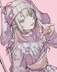 Rule 34 | 1girl, animal ears, beanie, belt, blunt bangs, bow, buckle, character name, chest harness, clothes writing, colored inner hair, cropped jacket, drill hair, dutch angle, fake animal ears, fang, floppy ears, frills, hair down, harness, hat, hat bow, heart, heart-shaped buckle, highres, jacket, long hair, looking at viewer, makaino ririmu, midriff, multicolored hair, navel, nijisanji, official alternate costume, official alternate hairstyle, onc 155, open mouth, pants, pink background, pink hair, pink jacket, pink ribbon, pink shorts, pointing, pointing at viewer, pointy ears, rabbit ears, red eyes, ribbon, shorts, sidelocks, simple background, skin fang, streaked hair, stuffed animal, stuffed toy, track jacket, track pants, upper body, virtual youtuber, white belt
