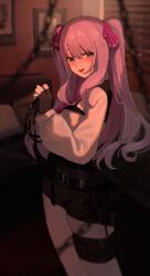 1girl absurdres belt black_belt black_gloves black_shorts blue_eyes blurry blush chain chain_leash chest_harness collared_shirt couch cowboy_shot depth_of_field fingerless_gloves gloves goddess_of_victory:_nikke hair_between_eyes hair_ribbon harness high-waist_shorts highres holding holding_leash iinagi_(kashiwa_keira) indoors leash long_hair long_sidelocks long_sleeves looking_at_viewer necktie open_mouth picture_frame pillow pink_hair pink_necktie pink_ribbon ribbon shirt shirt_tucked_in shorts sidelocks smile solo standing thigh_strap tongue tongue_out two_side_up white_shirt yuni_(nikke)