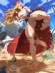 Rule 34 | 1girl, abs, absurdres, akemi (blue archive), barefoot, beach, biceps, blue archive, chest sarashi, crossed belts, delinquent, flexing, fluffy hair, gloves, halo, highres, hyeonjong8, mole, mole under eye, muscular, muscular female, red gloves, red halo, sarashi, solo, sukeban