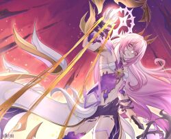 Rule 34 | 1girl, artist name, black shorts, breasts, commentary, cyrene (honkai: star rail), design speculation, english commentary, gold blood, highres, honkai: star rail, honkai (series), long hair, medium breasts, milkyuu, multicolored hair, pink hair, purple eyes, red sky, scar, scar on face, shattered, shorts, sky, solo, thigh strap, thighs, two-tone hair, very long hair, white hair