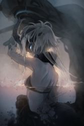Rule 34 | 1girl, abyssal ship, blue eyes, breasts, from side, highres, horns, kantai collection, long hair, ne-class heavy cruiser, pale skin, partially submerged, ruohire9, small breasts, solo, tail, upper body, white hair