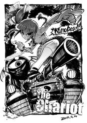 Rule 34 | &gt;:), 1girl, bat wings, black footwear, bloodshot eyes, blunt bangs, braid, collared shirt, dated, dot nose, english text, evil eye sigma, ex-rika, full body, greyscale, grin, halo, heran hei mao, holding, holding wrench, kneehighs, long sleeves, looking at viewer, mary janes, military, military vehicle, monochrome, motor vehicle, neckwear request, outstretched arm, pointing, rika (touhou), rope, shide, shirt, shoes, shrine tank (touhou), smile, socks, tank, touhou, touhou (pc-98), twin braids, twintails, wings, wrench, yin yang