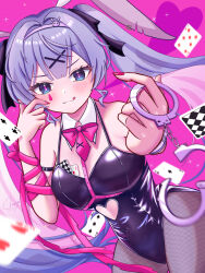 Rule 34 | 1girl, absurdres, animal ears, bare shoulders, black leotard, blue eyes, blue hair, blush, bow, bowtie, breasts, bunny day, card, clothing cutout, cuffs, detached collar, fake animal ears, fishnet pantyhose, fishnets, hair ornament, handcuffs, hatsune miku, heart, heart cutout, highres, leotard, long hair, looking at viewer, maarin (59567861), object in bra, pantyhose, pink background, playboy bunny, playing card, rabbit ears, rabbit hole (vocaloid), ribbon, simple background, solo, tongue, tongue out, twintails, vocaloid, x hair ornament