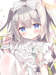 1girl :o azumi_kazuki blue_eyes blush bottle bow bubble bubble_pipe commentary_request dress feet_out_of_frame frilled_dress frills grey_bow grey_hair hair_between_eyes hair_bow hair_ornament hairclip hands_up highres holding holding_bottle knees_up long_hair looking_at_viewer original pantyhose parted_lips puffy_short_sleeves puffy_sleeves short_sleeves sitting solo two_side_up very_long_hair white_dress white_pantyhose wrist_cuffs