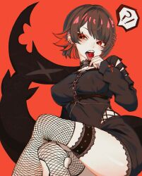 !? 1girl alternate_costume black_hair black_sweater breasts candy chain chest_harness choker clothing_cutout colored_inner_hair covered_erect_nipples crossed_legs ear_piercing ellen_joe fins fish_tail fishnet_thighhighs fishnets food hair_ornament hairclip harness highres holding holding_candy holding_food holding_lollipop lace_trim large_breasts licking lollipop looking_to_the_side mole mole_under_eye multicolored_hair o-ring o-ring_harness open_mouth piercing pondaigrl red_background red_eyes red_hair red_nails red_ribbon ribbon scar scar_on_tail shark_girl shark_tail sharp_teeth short_hair side_cutout sitting solo spoken_interrobang sweater tail teeth thigh_strap thighhighs tongue tongue_out torn_clothes torn_thighhighs zenless_zone_zero