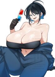 1girl 3d_glasses ahoge alternate_breast_size bare_shoulders black_hair breasts cleavage gloves highres holding holding_removed_eyewear indie_virtual_youtuber jumpsuit kataochi_chuuko large_breasts lemochan_man navel smile undressing unworn_eyewear virtual_youtuber